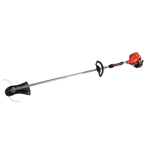 Gas-powered string trimmer with black shaft, red engine, and cutting head on white background