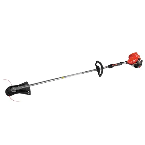 Red gas-powered string trimmer with black handle and silver shaft on a white background