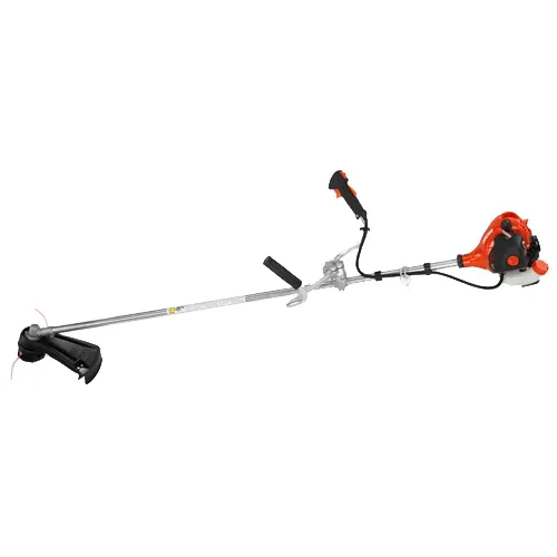 Gas-powered string trimmer with black handle and orange engine on a white background