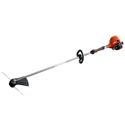 Gas string trimmer with orange engine, black handle, and long silver shaft on white background