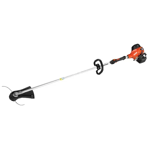 Gas-powered string trimmer with long silver shaft and orange-black motor on a white background