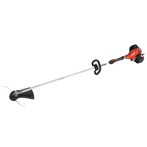 Gas-powered string trimmer with silver shaft, black handle, and red engine head
