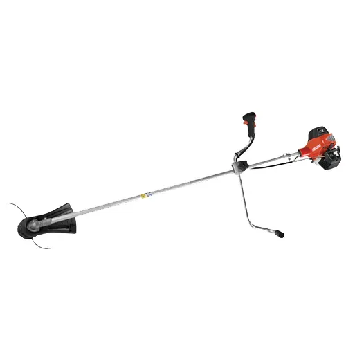 Orange and black string trimmer with long shaft and curved cutting head on white background