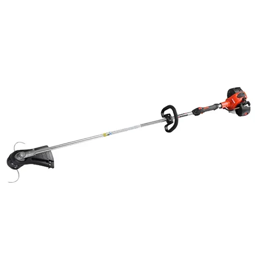 Cordless orange and black string trimmer with a long silver shaft and cutting head on white background