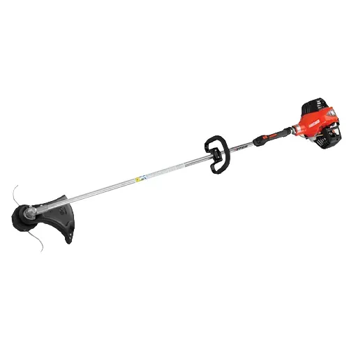 Gas-powered string trimmer with silver shaft and black handle on white background