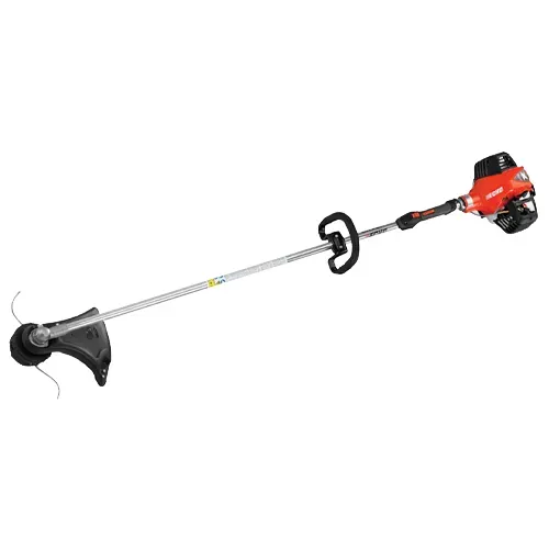 Gas-powered string trimmer with black handle and red engine on a white background
