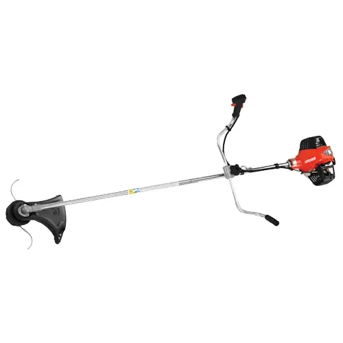 Red gas-powered string trimmer with long shaft and black handle on white background