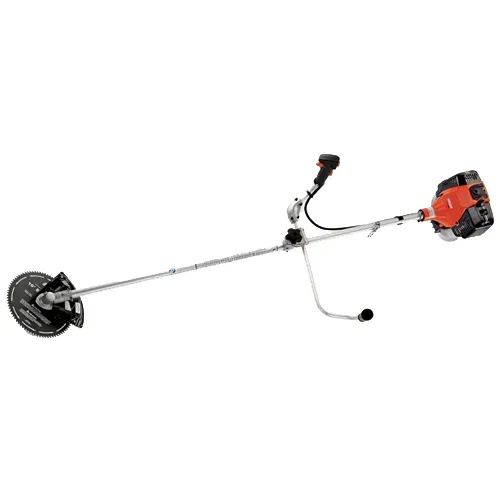 Gas-powered string trimmer with orange engine and black cutting head on a white background