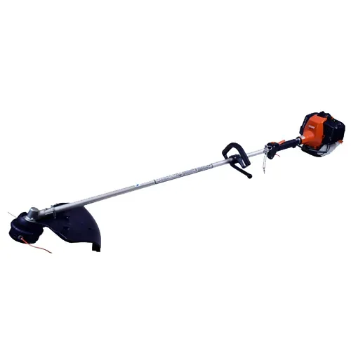 Gas-powered string trimmer with orange engine and black cutting head on white background