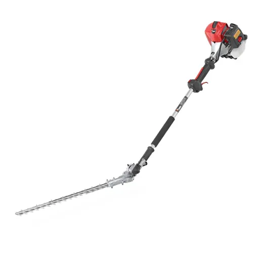 Gas-powered hedge trimmer with long black shaft and red motor head on a white background