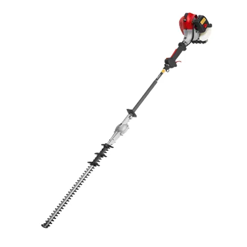Gas-powered hedge trimmer with a long pole and black blade attachment on a white background