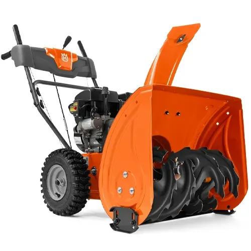 Orange snow blower with black wheels and handlebars on a white background