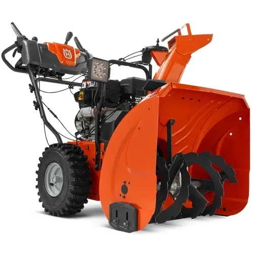 Orange snow blower with black tires and auger, shown on a white background