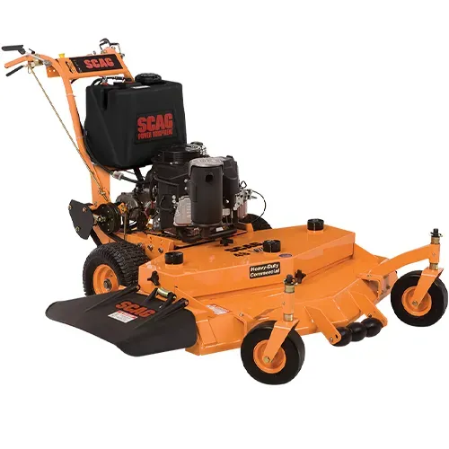 Orange SCAG riding lawn mower with black engine and front caster wheels, shown on white background