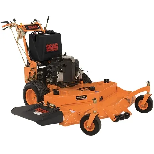 Orange commercial riding lawn mower with black engine and large cutting deck on a white background