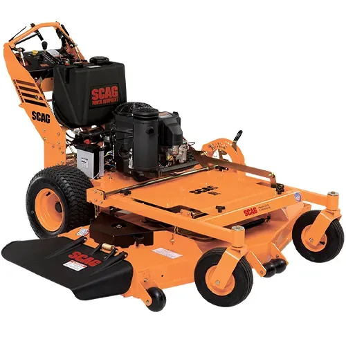 Orange SCAG zero-turn lawn mower on a white background