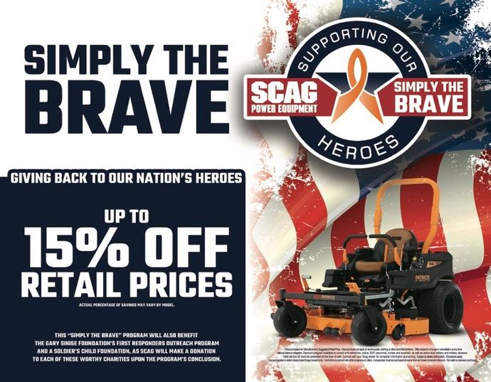 SCAG mower ad: “Simply the Brave,” supporting our heroes, up to 15% off retail prices.
