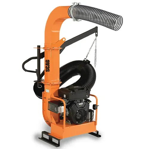 Orange portable leaf vacuum with black engine and flexible hose on a wheeled frame