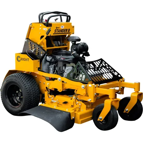 Yellow stand-on lawn mower with black wheels and front attachments on a white background