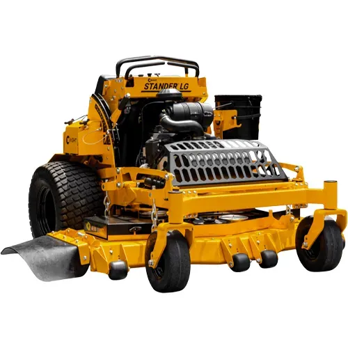 Yellow Stamped Self-Propelled mower with large tires and front cutting deck on white background