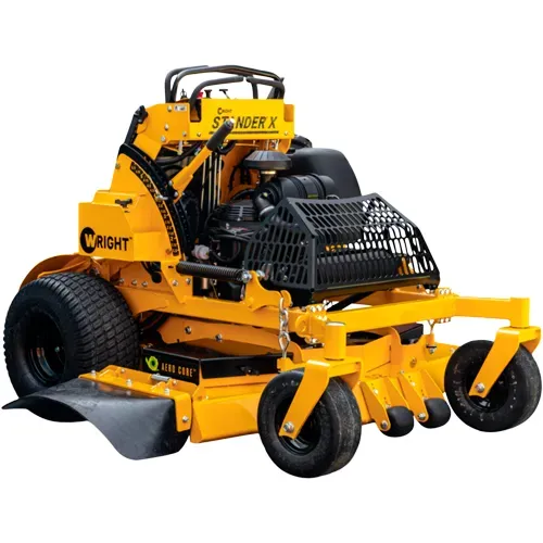 Yellow Wright mower with black wheels and front deck, shown on a white background