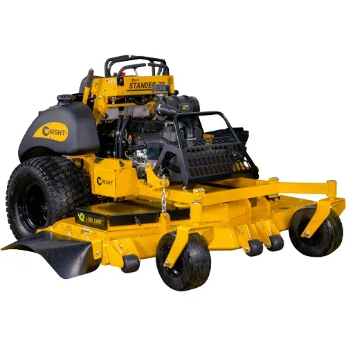 Yellow and black zero-turn riding lawn mower with front deck and large rear tires