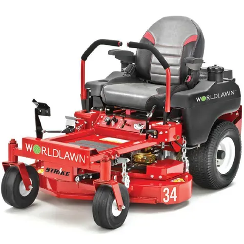 Red Worldlawn zero-turn lawn mower with black seat and gray frame on a white background