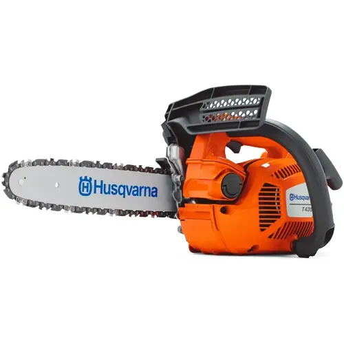 Orange Husqvarna chainsaw with silver blade on white background
