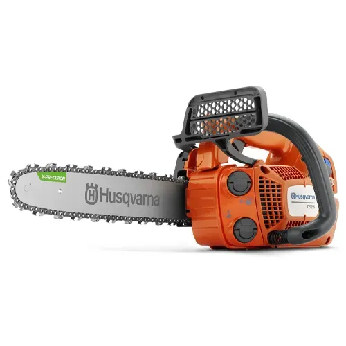 Orange Husqvarna chainsaw with silver blade on a white background