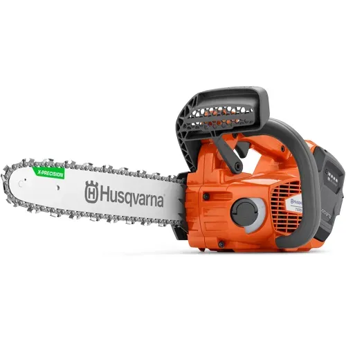 Orange and gray Husqvarna chainsaw with a silver blade on a white background