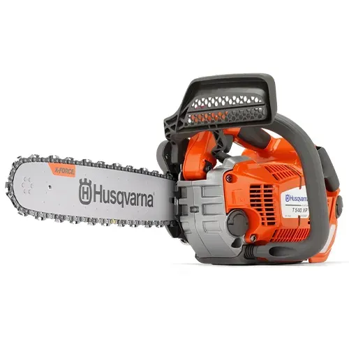 Orange and gray Husqvarna chainsaw with a long silver blade on a white background