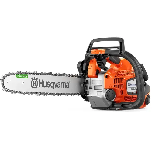 Orange and gray Husqvarna chainsaw with a long silver blade on a white background