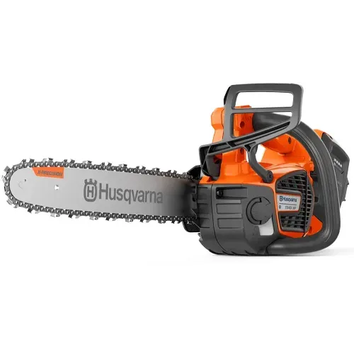 Orange and gray Husqvarna chainsaw with long metal blade on white background