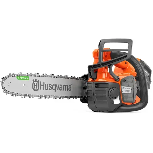 Husqvarna orange and black chainsaw with a long silver bar and chain on a white background