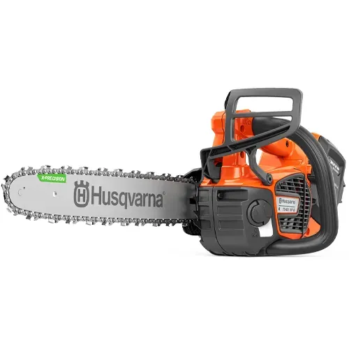 Orange and black Husqvarna chainsaw with silver bar on a white background