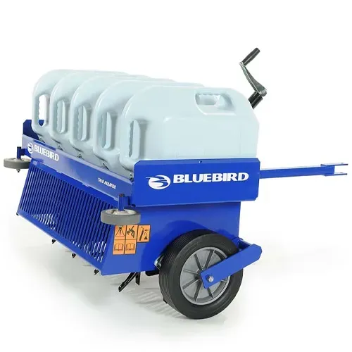 Bluebird portable water cart with blue frame, large wheel, and white tank on a white background