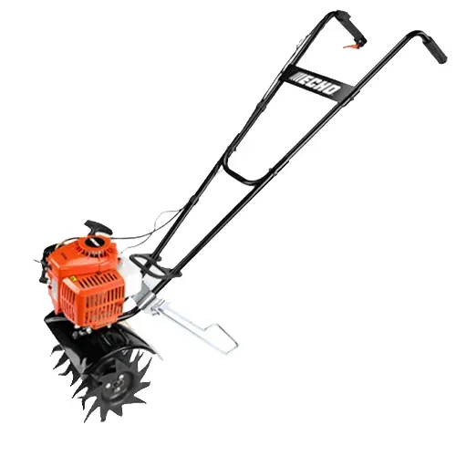 Orange gas-powered garden cultivator with black handles and rotating tines on a white background