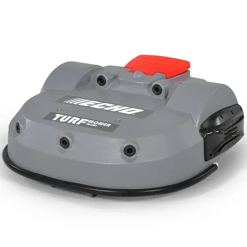 Gray Turbo mower engine cover with red top and black trim on a white background