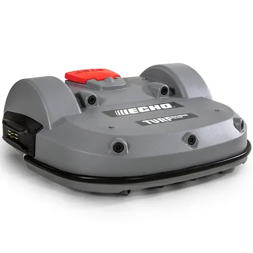 Gray robotic lawn mower with red top panel, shown on a white background