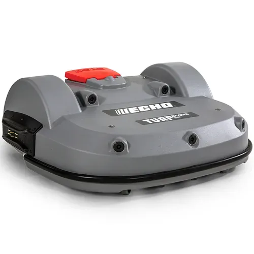 Gray robotic lawn mower with black trim and red top controls, shown on a white background