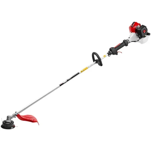Gas-powered string trimmer with red engine and black shaft, isolated on white background