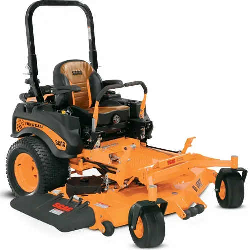 Orange and black zero-turn riding lawn mower with cutting deck and roll bar on white background