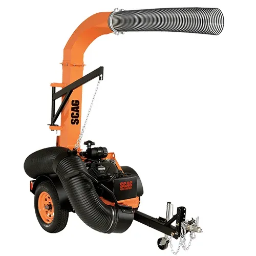 Orange SCAG grass vacuum with black hose and trailer-mounted engine on white background