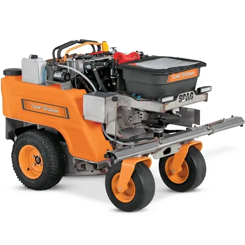 Orange compact utility vehicle with front caster wheels and a black cargo bed on a white background
