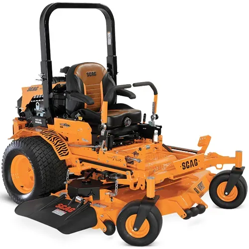 Orange zero-turn riding lawn mower with black seat and roll bar on a white background