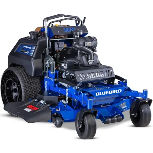 Bluebird commercial lawn mower with blue deck, black body, and front casters on a white background
