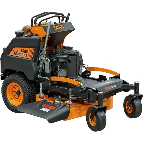 Orange-and-black stand-on zero-turn lawn mower with four wheels and raised front deck