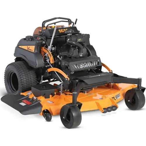 Black and orange zero-turn riding lawn mower with front caster wheels on a white background