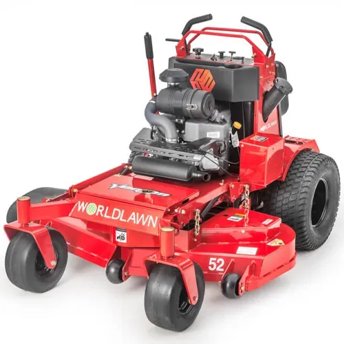 Red Worldlawn zero-turn lawn mower with black engine and wide rear tires on a white background