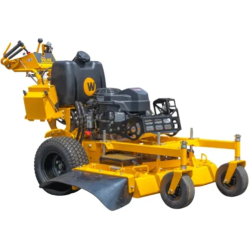 Yellow and black zero-turn riding lawn mower with front deck and rear engine on white background